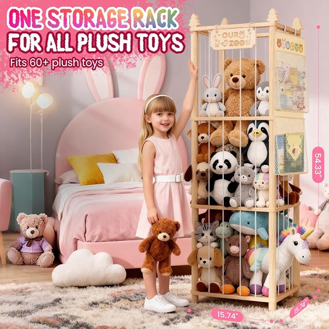 Stuffed Animal Storage - Large Wooden Toy Storage Organizer with 1 Removable Hanging Storage Net, Plush Toy Organizer for Kids' Rooms, Bedroom, Playroom or Nurseries