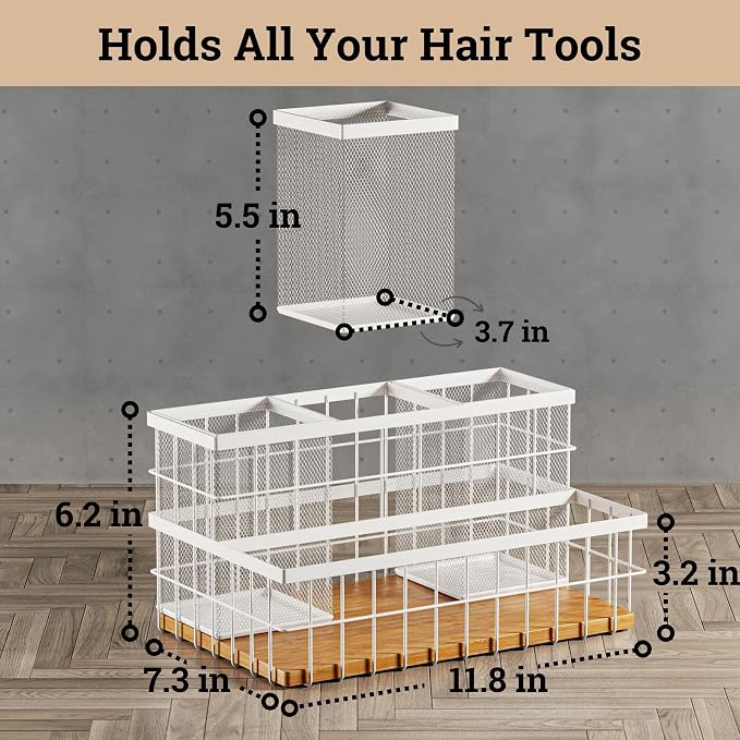 Hair Tool Organizer Countertop - Breathable Metal & Bamboo Hot Tools Organizer for Vanity - Hot Hair Tools Organizer Under Sink - Bathroom Hair Dryer Holder Countertop - Brush and Comb Holder Vanity