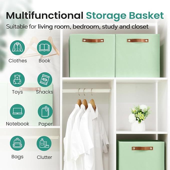 FinishingBo 6-Pack Storage Cubes with Handles & Label Holders Basket, Closet Cube Home Organizer Bins(Green, 13 x 13 x 13 inch)