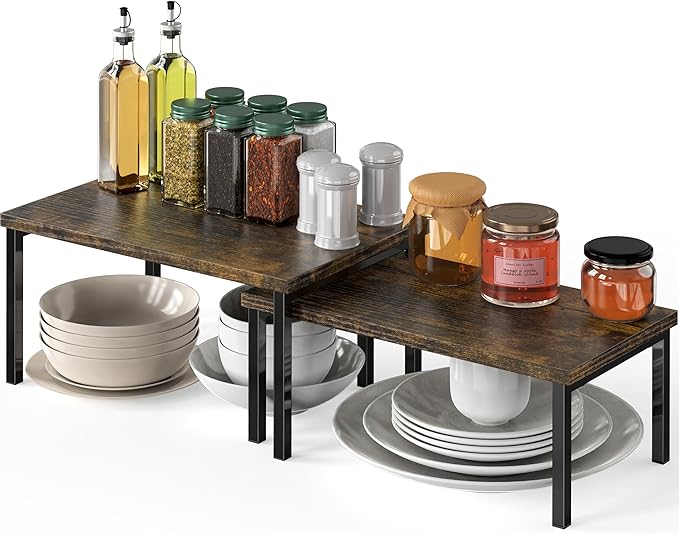 Simple Houseware Stackable Cabinet Counter Shelf Wooden Top, Rustic Brown | Expandable Organizer 7.6" D x 11.75" W x 6.1" H