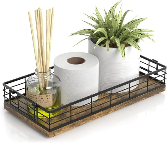 Toilet Paper Basket, 13 Inch Farmhouse Bathroom Basket MDF and Iron Tray Top of Storage Toiletries Organizer for Bathroom, Living Room and Kitchen (Rusty)