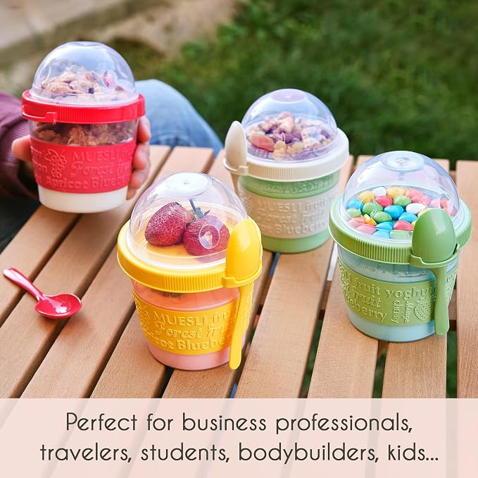 Crystalia 4 Pack 17 oz On The Go Yogurt Parfait Cups with Lids, Mini Breakfast On the Go Plastic Bowls with Topping Cereal Oatmeal Container with Spoon for Lunch, Portable & Reusable, Colorful Set
