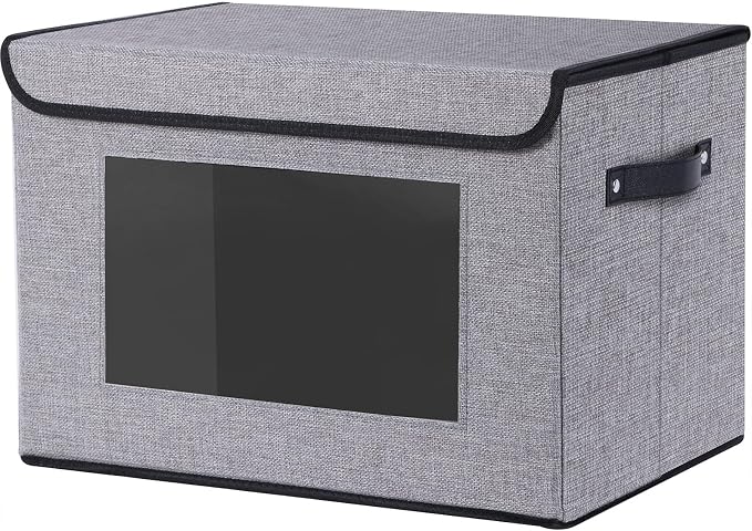 Fabric Storage Bin with Lid,17.7x11.8x11.8In,Gray Box,1Pack | Shelf Baskets with Handles,Storage Boxes with Transparent Window,Closet Container for Bedroom,Clothes Organizer