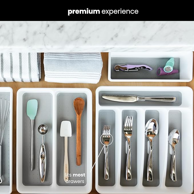 madesmart Classic Small Silverware Tray - White | CLASSIC COLLECTION | 5-Compartments | Icons help sort Flatware, Utensils and Cutlery | Soft-grip Lining and Non-slip Feet | BPA-Free