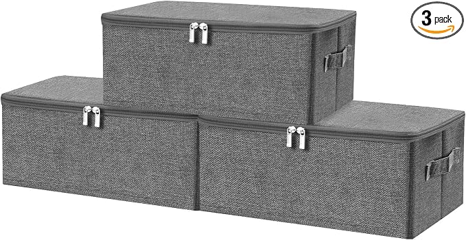 ANMINY 3PCS Storage Bins with Zipper Lids 13 Qt Lidded Fabric Storage Boxes Baskets Cubes with Handles Collapsible Washable Cotton Linen Closet Shelf Clothes Organizer Containers - Gray, Small