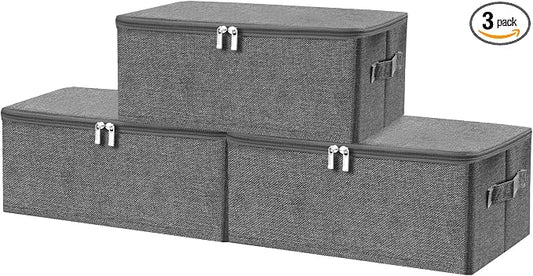 ANMINY 3PCS Storage Bins with Zipper Lids 13 Qt Lidded Fabric Storage Boxes Baskets Cubes with Handles Collapsible Washable Cotton Linen Closet Shelf Clothes Organizer Containers - Gray, Small