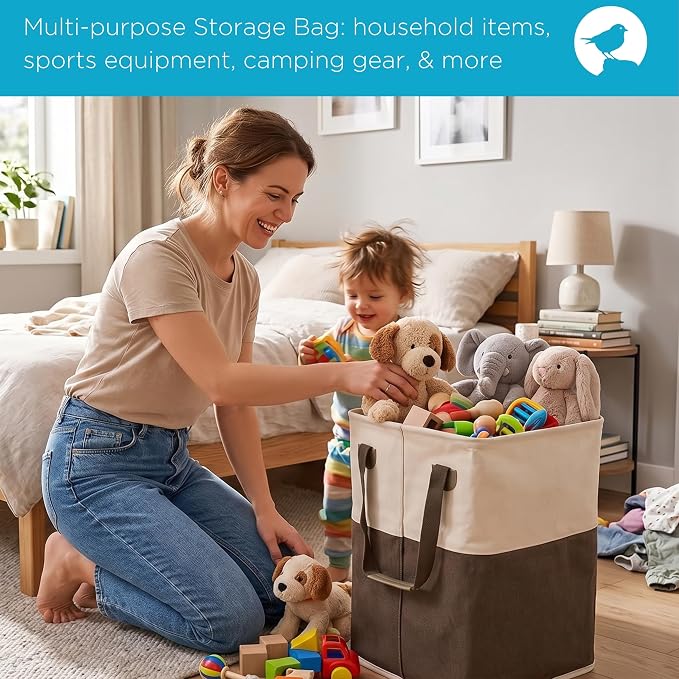 BIRDROCK HOME Square Cloth Laundry Hamper with Handles - Dirty Clothes Sorter - Easy Storage - Foldable - Brown and White Canvas