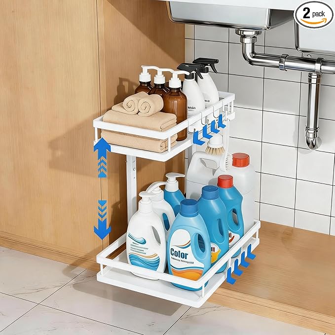 2-Tier Under Sink Organizer, Metal Pull Out Shelf, White | Carbon steel 2-tier shelf, ball-bearing pull-out, adjustable height, no-drill setup, for bathroom and kitchen cabinets
