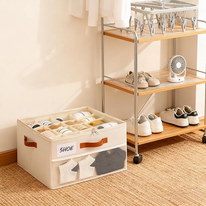 Shoe Organizer for Closet, Shoe Storage Box, Foldable Shoe Box with Adjustable Dividers and Clear Cover, Closet Shoe Organizer Fits up to 16-32 Pairs, Extra Storage Pocket for Socks (2 Pack)