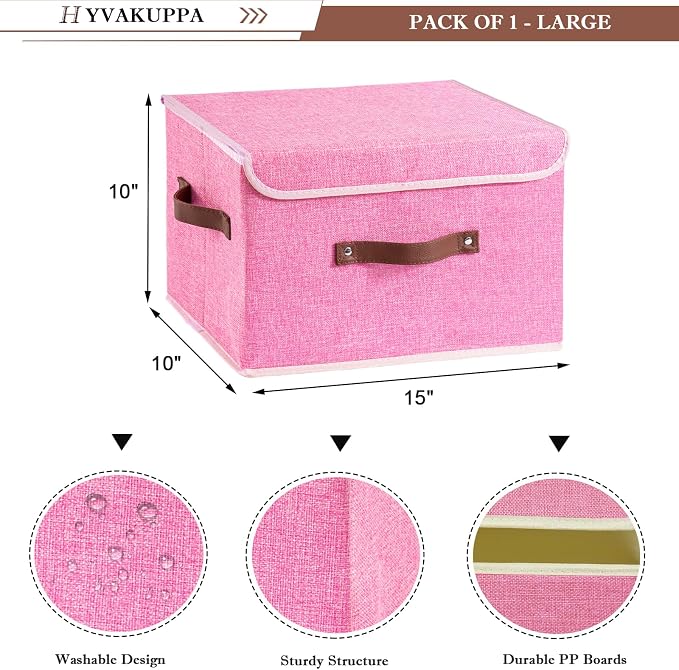2PCS Collapsible Storage Boxes Baskets with Lid Cotton Linen Fabric Storage Bins with Faux Leather Handles Washable Cube Organizer Container for Home Closet Bedroom (Pink, Large Size)