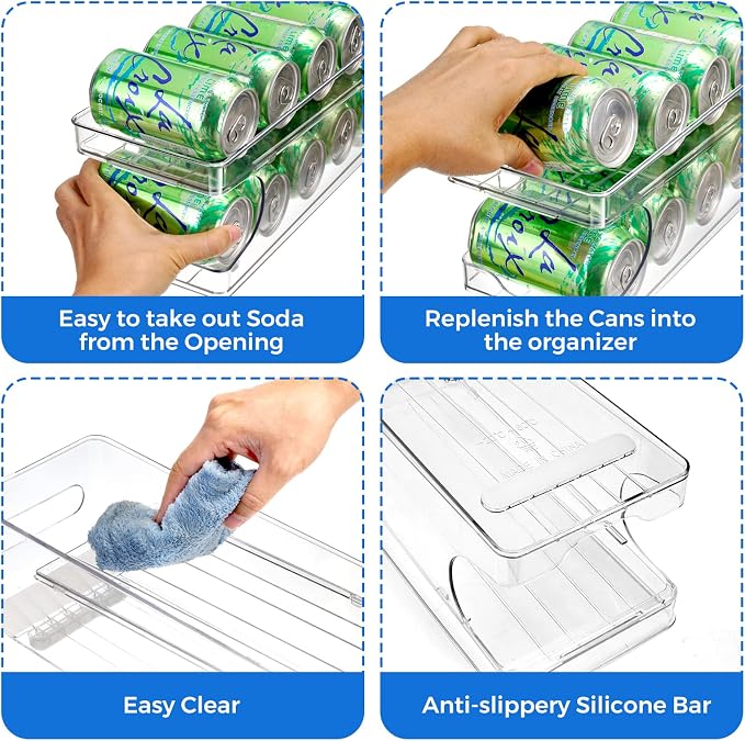 2 Pack Rolling Soda Can Organizer for Refrigerator Can Dispenser for Fridge Beer Soda Seltzer Pop Can Soda Organizer for Fridge 10 Standard Size 11.15oz 12oz 330ML 355ML Cans Holder Storage