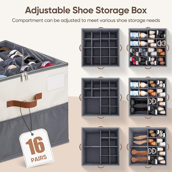 Shoe Organizer for Closet, 1 Pack Shoe Storage Container with Adjustable Dividers, Space Saving Shoe Box Storage Organizer Bin with Clear Lid and 4 Handles, Fits 8-16 Pairs, Beige & Grey