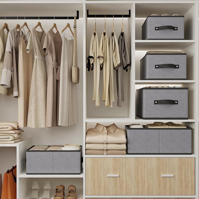 Storage Baskets with Handles,16.1×9.8×6.5In,Gray Boxes,2Pack | Open Storage Bins for Shelves,Foldable Clothing Drawer Organizer,Closet Containers for Home,Office,Large Fabric Cubes