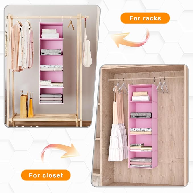 Hanging Closet Organizer 5-Shelf, Oxford Fabric Wardrobe Storage, Pink | Easy-mount foldable design holds clothes, handbags, shoes & accessories; washable Oxford fabric, sturdy and space-saving.