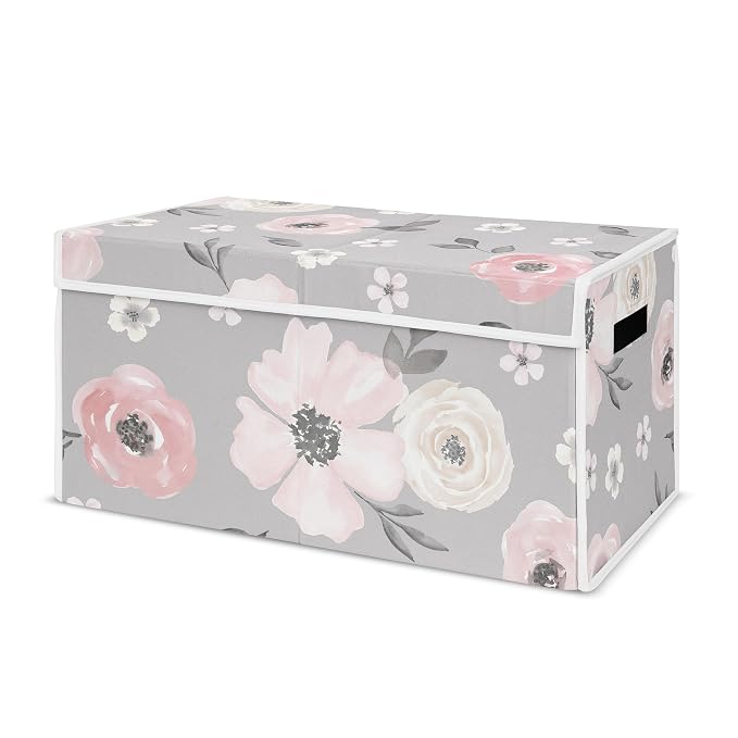 Sweet Jojo Designs Grey Watercolor Floral Girl Small Fabric Toy Bin Storage Box Chest For Baby Nursery or Kids Room - Blush Pink Gray and White Shabby Chic Rose Flower Farmhouse