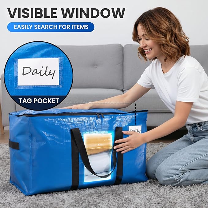 TAILI Extra Large Moving Bags, 12 Pack Blue Heavy Duty Totes For Storage with Visible Window, Wrap Around Handles, Storage Bags for Space Saving, Alternative to Moving Boxes