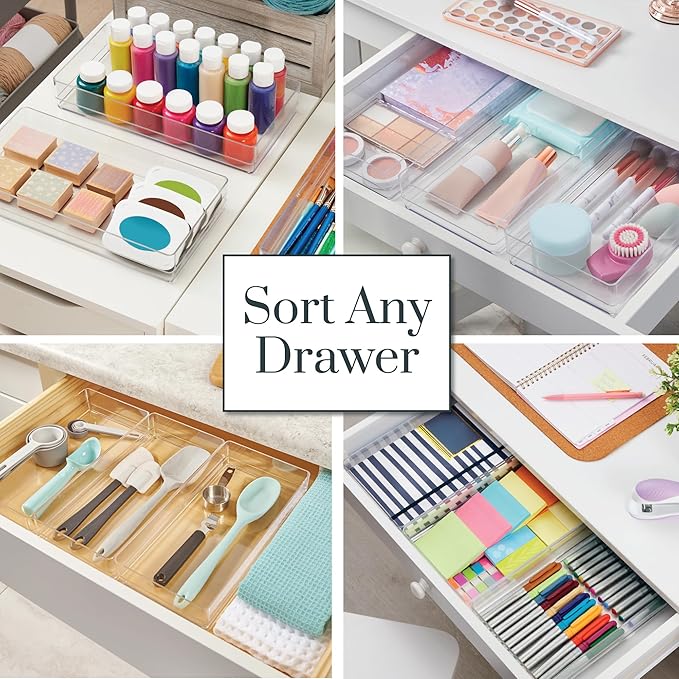 STORi SimpleSort 3-Piece Stackable Clear Drawer Organizer, 12" x 6" x 2" | Rectangle Trays, Wide Makeup Vanity Storage Bins, Office Desk Drawer Dividers, Made in USA