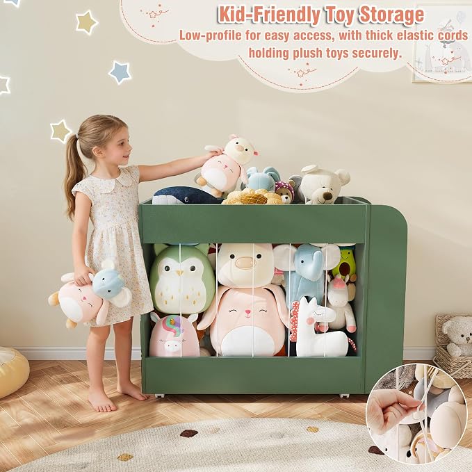 Wooden Kids Bookshelf and Toy Storage Organizer with Side Drawing Chalkboard, 3-in-1 Mobile Stuffed Animal Storage Zoo, Rolling Toy Box Container on 4 Wheels for Kids Room Playroom Nursery, Green