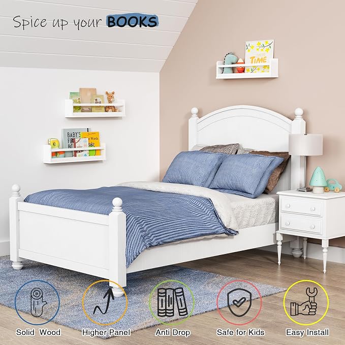 Harwaya White Wall Bookshelf for Kids Room, 24 Inch Toddler Nursery Bookshelf Wall Mounted for Baby Boy Girl Bedroom, Floating Childrens Book Shelves with Hanging Rod for Books - Set of 3