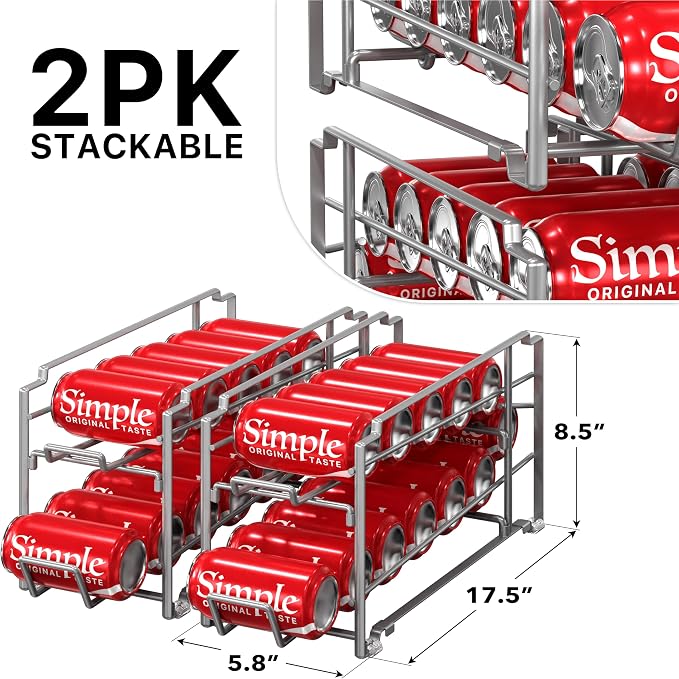 Simple Houseware Stackable Beverage Soda Can Dispenser Organizer Rack, Silver, 2 Pack