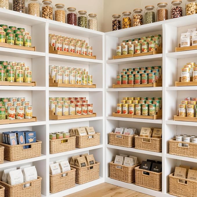 Artcochan 2 Pack 3 Tier Expandable Bamboo Can Rack Organizer for Pantry，Adjustable Pantry Organizers Holds Up to 24 Soda Cans,Canned Food Storage for Kitchen Cabinet Countertop