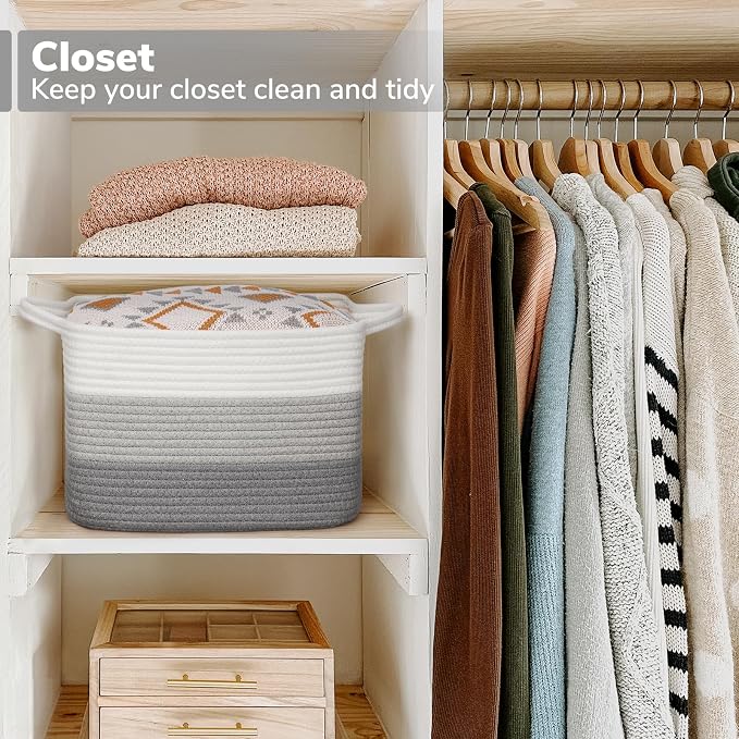 Goodpick Woven Storage Basket, Closet Storage Bins for Books, Towels, Cotton Rope Organizer with Handles, Square Toy Gift Basket for Kids, Gradient Gray, 13 x 10 x 9 Inches