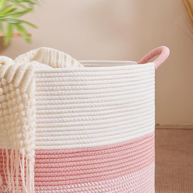 CLHMILY&Z Round Cotton Rope Storage Basket - 22x14.2 Inches - Cute Nursery Bin, Baby Toy Organizer, Pink Organizer for Home Decor, Multi-Purpose Home Tidy Solution