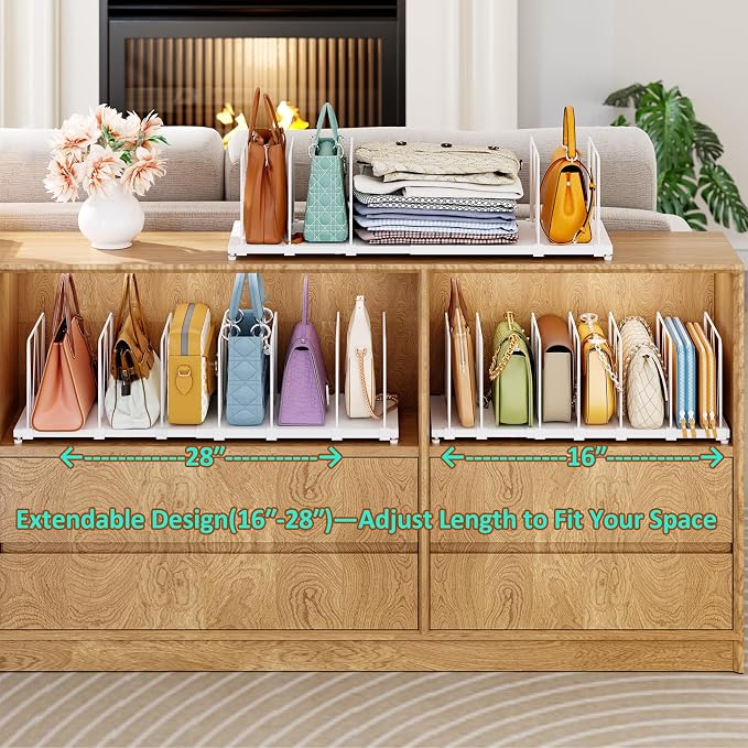 Dmevkic Extendable Purse Organizers Purse Storage. Length 16-28 in. Bag Organizer Purse Holder for Closet with 8 Adjustable Shelf Dividers Patent Pending