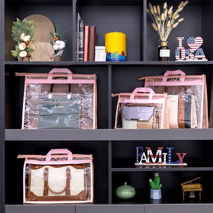Handbag Dust Bags Clear Purse Storage Organizer for Closet Small to Extra Large Handbags Dust Free Bags Hanging Zipper Storage Bag with Hooks, (Pink, 4 Sizes-4PCS)