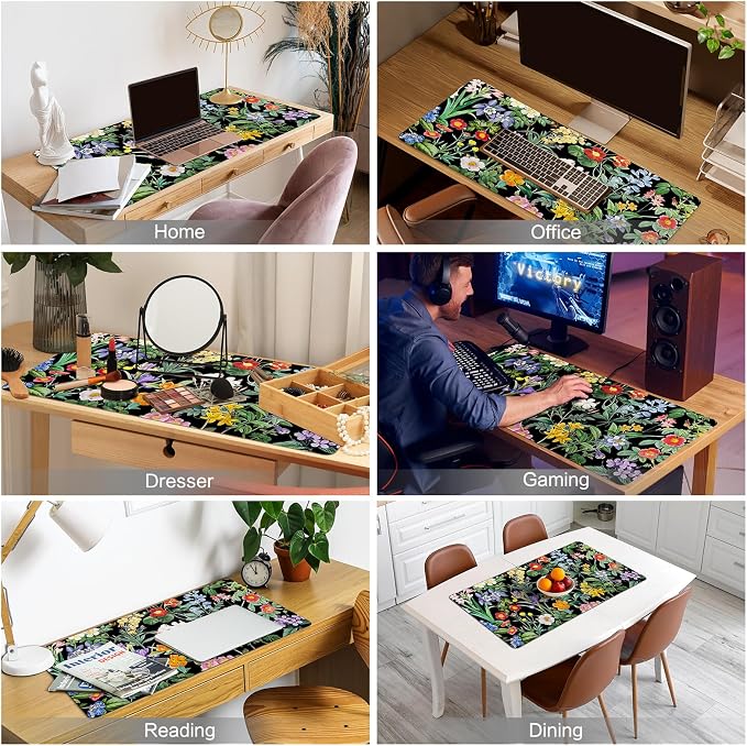 Lokigo Black Flower Desk Mat Floral Plants Mouse Pad, Wildflowers Large Gaming Mousepad Desk Pad, XXL Keyboard MouseMat Full Desktop Mat Women Office Accessories 31.5"x15.7"