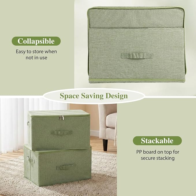 ANMINY Storage Bins with Zipper Lids 36 Qt Lidded Fabric Storage Boxes Baskets Cubes with Handles Collapsible Washable Cotton Linen Closet Shelf Clothes Organizer Containers - Green, Large