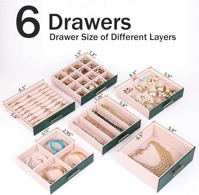 BOOVO Clear Lid Jewelry Box,3 Layers Jewelry Organizer Large Jewelry Storage Box with 2 Drawers,Jewelry Holder Organzier of Rings Earrings Necklace Bracelets for Women (Green, 6 Layer)