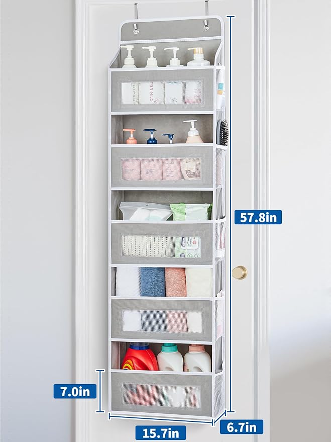JARLINK Over The Door Organizer, 5 Shelf Door Hanging Organizer with 5 Large Pockets, 44 lbs Weight Capacity Hanging Storage for Bathroom, Bedroom, Nursery, RV, Pantry (Light Grey)