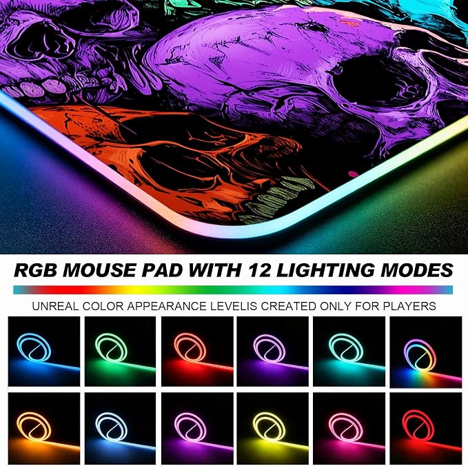 RGB Scary Skull Gaming Desk Mat, Computer Keyboard Large Extended Cool Multi-Color Skull LED Mouse Pad for Office and Home, 31.5×11.8 Inches, XL