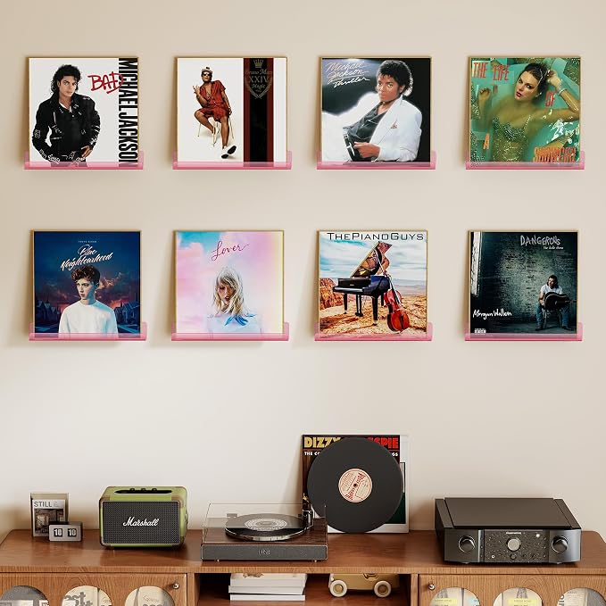 Vinyl Record Wall Mount Shelves, 12 inch Vinyl Holder, 8 Pack, Pink | Acrylic Floating Shelves for Album Record Storage Display, Wall Decor, Magazine Rack, Kids Bookshelf, Picture Ledge