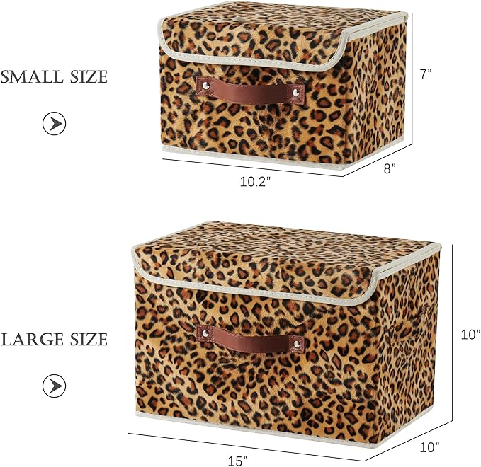 Storage Bin with Lid Leopard Print Cute Velvet Fabric Storage Basket Box Faux Leather Handles PP Plastic Board Foldable Washable Lidded Closet Shelf Organizer Container (Large Size)