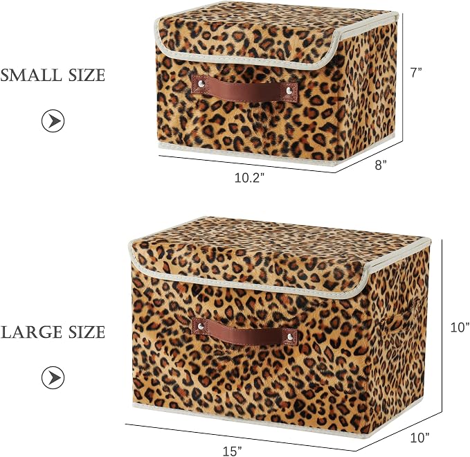 Storage Bin with Lid Leopard Print Cute Velvet Fabric Storage Basket Box Faux Leather Handles PP Plastic Board Foldable Washable Lidded Closet Shelf Organizer Container (Small Size)