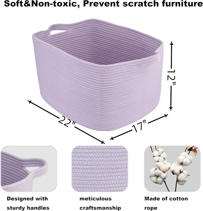 XUANGUO Large Rectangle Blankets Basket Living Room 22"x17"x12" Woven Cotton Rope Storage Baskets for Nursery Toy Basket for Kids Wicker Laundry Baskets Bin for Clothes Towels purple or Lavendor