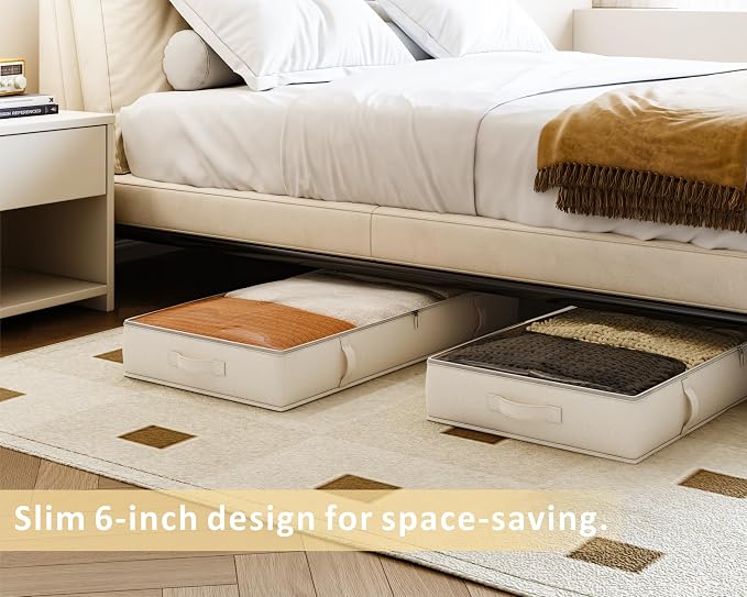 Vailando Storage Containers, 8 Inches Tall 80L Underbed Storage Bins with Sturdy Handles and Sidewalls, Closet Organizer for Clothes, Blankets, Seasonal Items, Beige, 2-Pack
