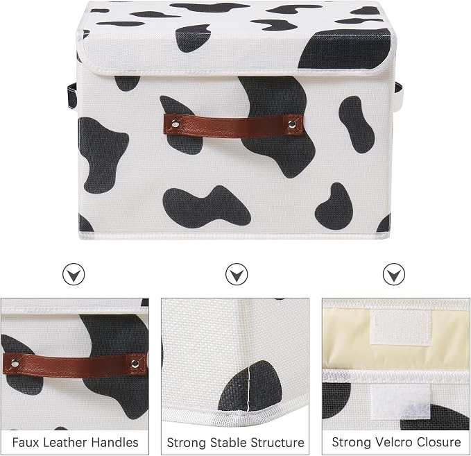 2PCS Storage Bins with Lid Cow Print Cute Fabric Storage Basket Box Faux Leather Handles PP Plastic Board Foldable Washable Lidded Cotton Linen Closet Shelf Organizer Container (Large Size)