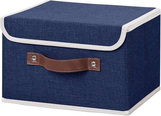 ANMINY Storage Bin with Lid Storage Boxes with PU Leather Handles PP Plastic Board Decorative Foldable Lidded Cotton Linen Fabric Home Cubes Baskets Closet Organizer Container - Blue, Small Size