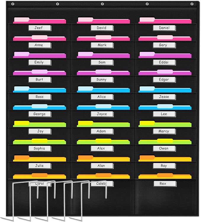 School Pocket Chart, 30 Signatory Pocket, Heavy Duty Hanging File Folders Pocket Chart Cascading Organizer & 5 Hangers Hooks, Perfect for Classroom, School, Office or Home Use