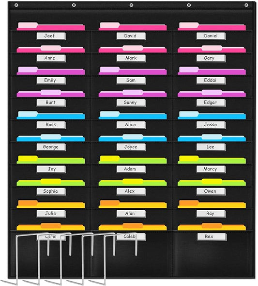 School Pocket Chart, 30 Signatory Pocket, Heavy Duty Hanging File Folders Pocket Chart Cascading Organizer & 5 Hangers Hooks, Perfect for Classroom, School, Office or Home Use
