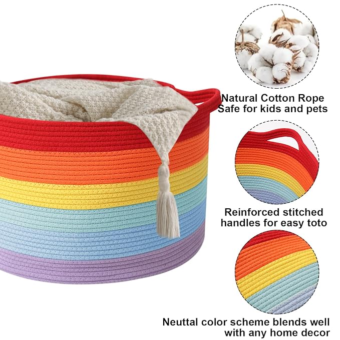 65L Large Blanket Basket,19.7" L x 19.7" W x 13" H Rope Woven Baskets with Handles, Toys Storage Bins,Laundry Basket Perfect for Living Room, Nursery,Bedroom,Home Organization,Rainbow