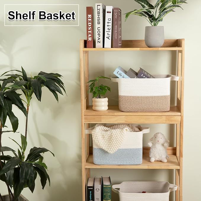 OIAHOMY Woven Storage Basket for Shelves, Rectangle Cotton Rope Baskets for Organizing, 13 x 10 x 9 in, Storage Bins for Dog Toys,Towel,Books,Gift,Blue and White