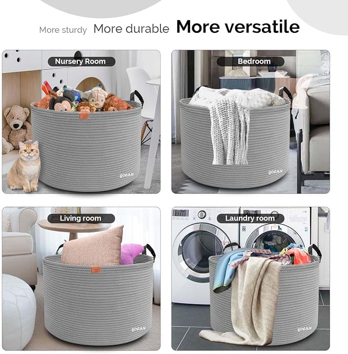 GOCAN Extra Large Storage Laundry Basket 22" X 22"X 14" Cotton Rope Woven Basket for Blanket with Handles for Living Room Toys Storage XXXL (Gery)