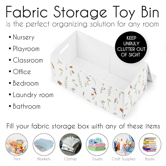 Sweet Jojo Designs Boho Floral Garden Flower Girl Collapsible Toy Storage Box Chest Organizer with Lid Baby Nursery Kid Children Room Watercolor Bohemian Farmhouse Wildflower Vintage Shabby Chic Green