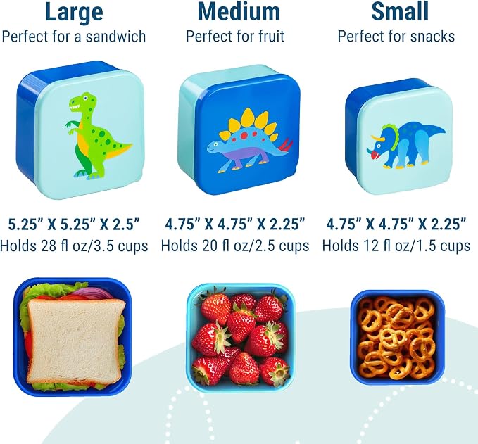 Wildkin Set of 3 Kids Nesting Food Containers for Boys – Stackable, Airtight & BPA-Free Snack Containers, Dishwasher Safe Lunch Box Containers for School & Travel, Ages 3–12 – Dinosaur Land