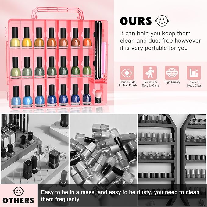 SUBAY 2 Pcs Portable Nail Polish Organizer, Clear Double Side Nail Polish Holder,Gel Nail Storage for 48 Bottles with 6 Adjustable Dividers in Each Side Space Saver Red