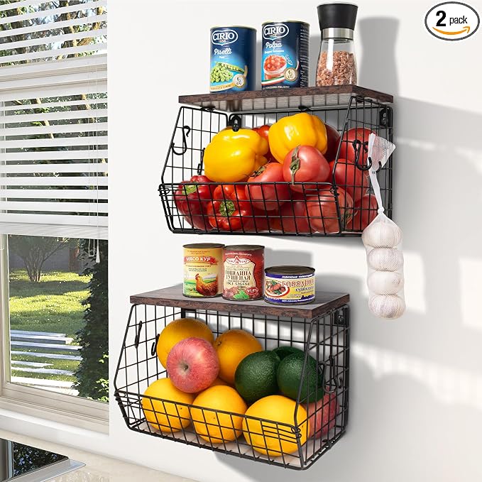 Mefirt Fruit Bowl, Stackable Wall Mounted Fruit Basket of Smooth Wood Lid with 4 Banana Hanger Hooks, Metal Kitchen Counter Organizer for Snack, Fruit and Vegetable Storage, 11.8 * 7.9 * 8.5 Inches